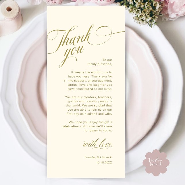 Elegante moderne Hochzeitsplatz-Karten-Dankeschön- Programm (Classy Modern Wedding Place Setting Thank You Card in Cream and Gold)