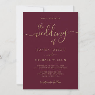 Elegante moderne Kalligrafie Burgundy & Gold Weddi Einladung