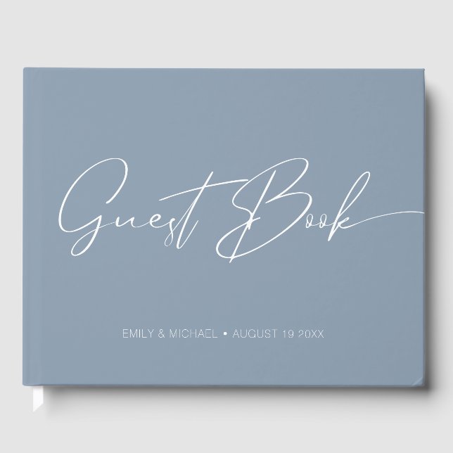 Elegante moderne Kalligrafie Dusty Blue Wedding Gästebuch (Vorderseite)