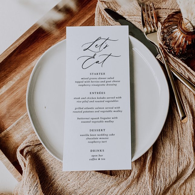 Elegante moderne Kalligrafie Essen wir Hochzeit Menükarte (Von Creator hochgeladen)