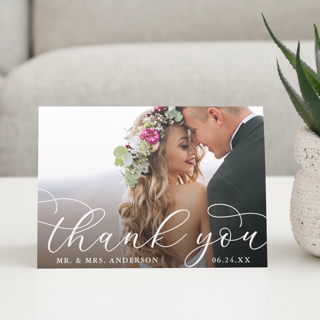 Elegante moderne Kalligrafie Hochzeitsplatte Foto Dankeskarte (Customize to add text to inside of card.)