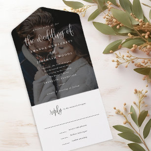 Elegante moderne Kalligrafie-Schrift Foto-Hochzeit All In One Einladung