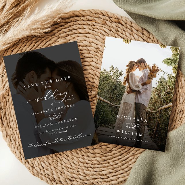 Elegante moderne Kalligraphie 2-Foto Hochzeit Save The Date (Von Creator hochgeladen)