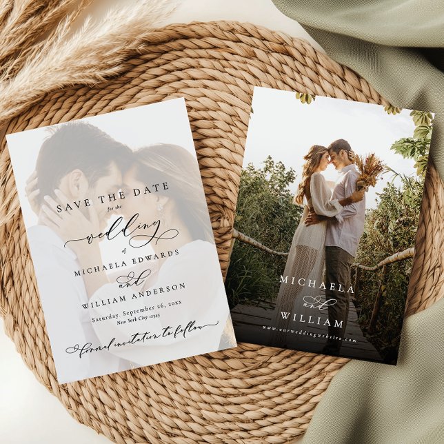 Elegante moderne Kalligraphie 2-Foto Hochzeit Save The Date (Von Creator hochgeladen)