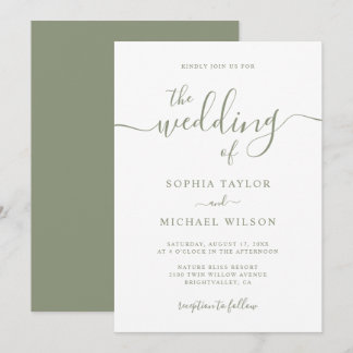 Elegante Moderne Kalligraphie Sage Green Wedding Einladung