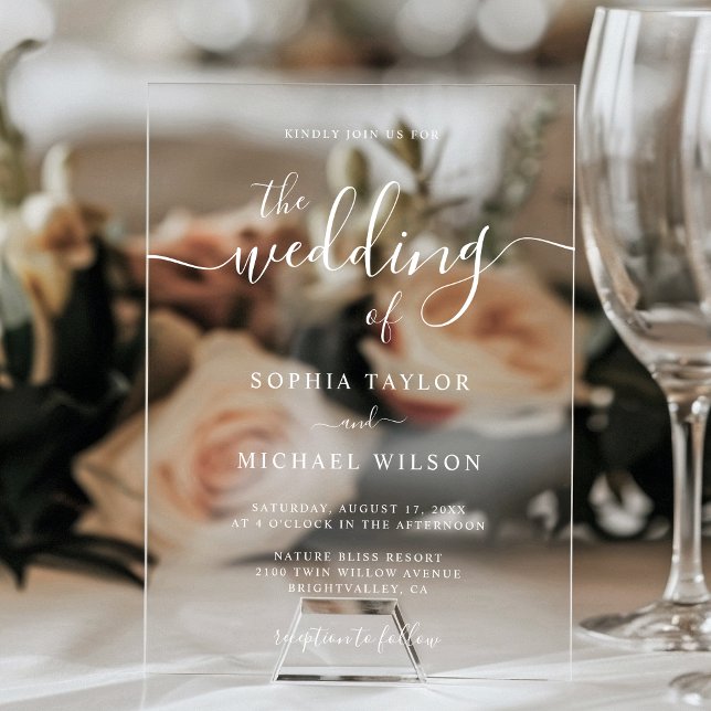 Elegante moderne Kalligraphie White Wedding Acryleinladungen (Von Creator hochgeladen)