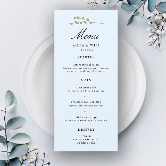 Elegante Moderne Klassik Ice Blauer Winter Hochzei Menükarte (ice blue winter wedding menu gold botanical elegant modern classic simple romantic classy feminine)