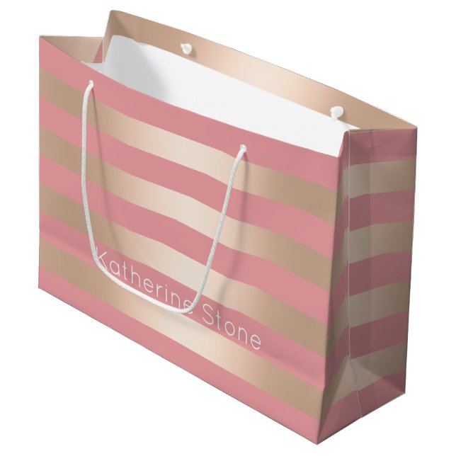 Elegante moderne Küken-Rose, rosa gestreift Große Geschenktüte (Vorderseite Schrägansicht)