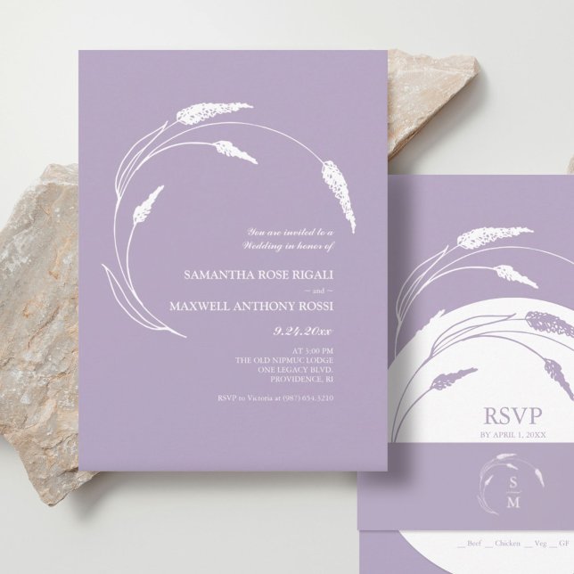 Elegante moderne Lavendelhochzeit Einladung (Stacked wedding invitations lavender line art by Victoria Grigaliunas of Do Tell A Belle)