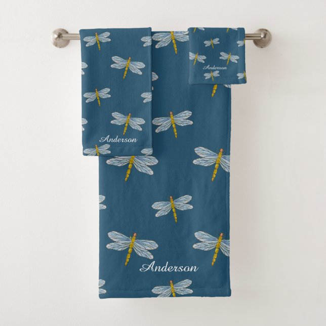 Elegante moderne Libellen und Drehbuch auf Aquamar Badhandtuch Set (Insitu)