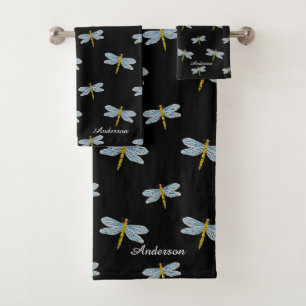 Elegante moderne Libellen und Schrift auf Schwarz Badhandtuch Set