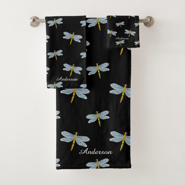 Elegante moderne Libellen und Skripte auf schwarz Badhandtuch Set (Insitu)