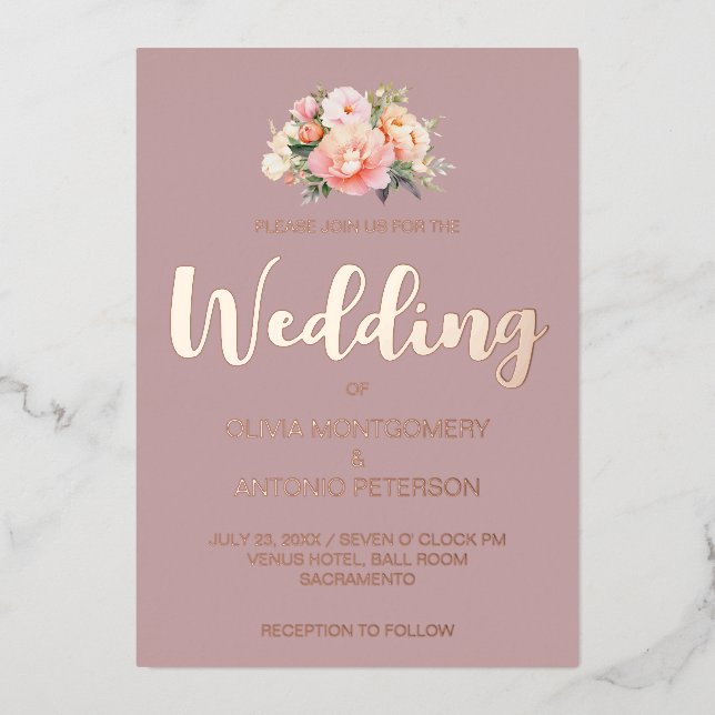 Elegante Moderne Lichtrosa Peony Dusty Rose Weddin Folieneinladung (Vorderseite)