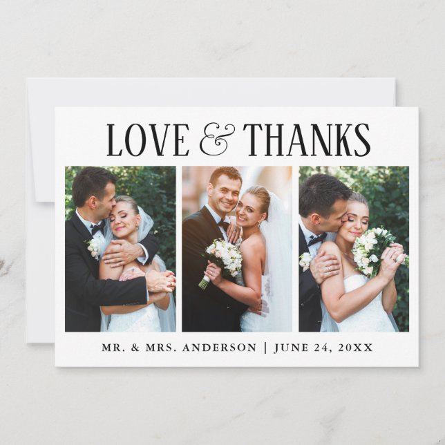 Elegante Moderne Liebe und Dank für Hochzeit 3 Fot Dankeskarte (Vorderseite)