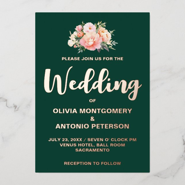 Elegante Moderne Light Pink Peony Emerald Wedding Folieneinladung (Vorderseite)
