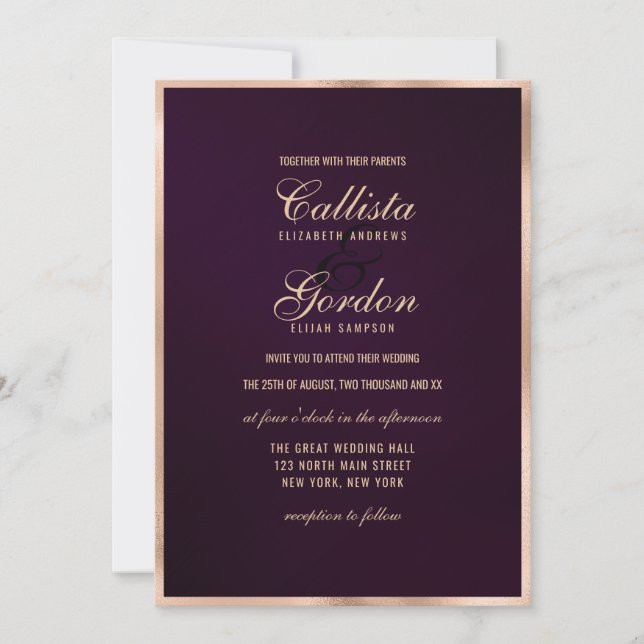 Elegante moderne Lila Goldmetallic-Hochzeit Einladung (Vorderseite)