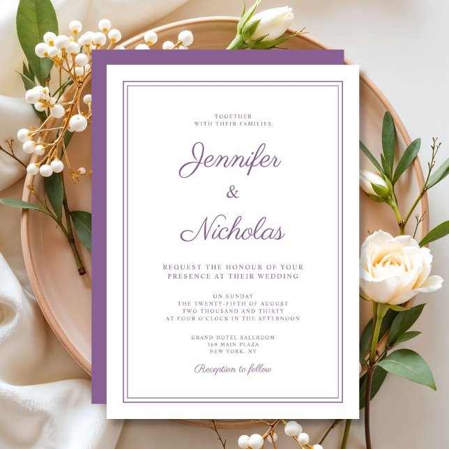 Elegante Moderne Lila Lilac-Script-Hochzeit Einladung (Elegant Modern Purple Lilac Script Wedding Invitation)