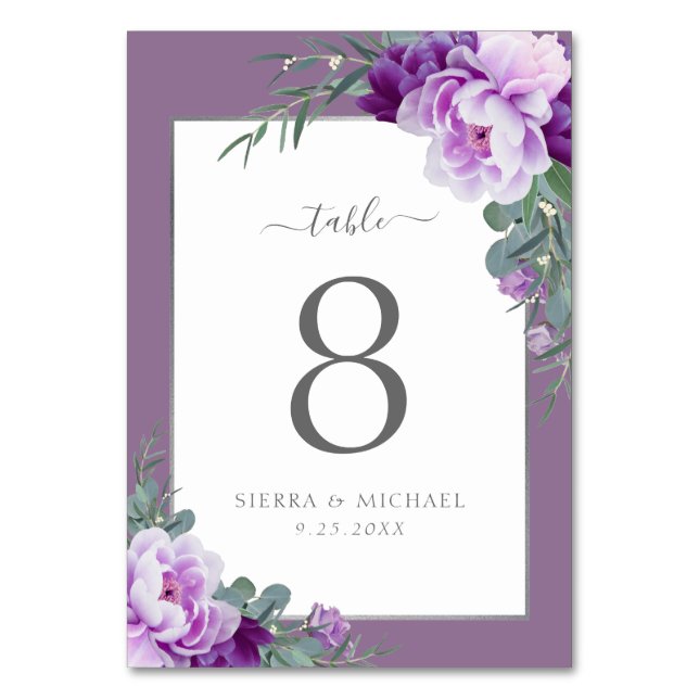 Elegante Moderne Lila- und Silberhochzeit Tischnummer (Vorderseite)