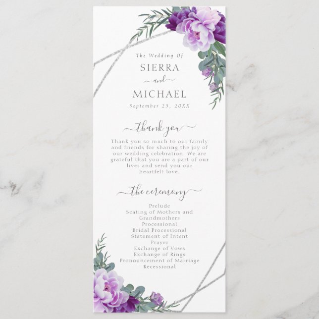 Elegante Moderne Lila und silberne Blumenhochzeit Programm (Vorderseite)
