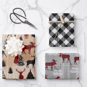 Elegante moderne Lumberjack-Elch karierte Packpfan Geschenkpapier Set