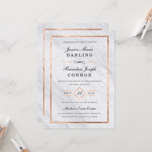 Elegante Moderne Marmor- und Rose-Gold-Hochzeit Einladung (Vorderseite/Rückseite Beispiel)