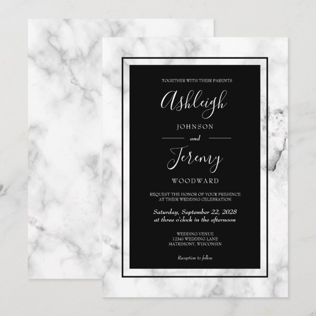 Elegante moderne Marmorhochzeit Schwarz-weiß Einladung (Vorne/Hinten)