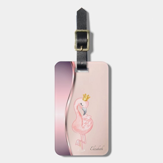 Elegante Moderne Metallische Rosa Flamingo Crown Gepäckanhänger (Vorderseite vertikal)