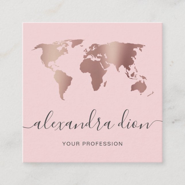 Elegante, moderne Mindest-Rose-Gold-Rosa-Weltkarte Quadratische Visitenkarte (Vorderseite)
