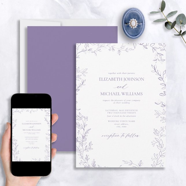 Elegante Moderne Minimal Leaf Lavender Wedding Einladung (Von Creator hochgeladen)