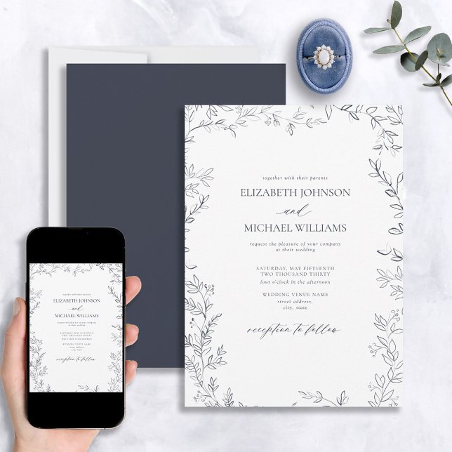 Elegante Moderne Minimal Leaf Navy Blue Wedding Einladung (Von Creator hochgeladen)