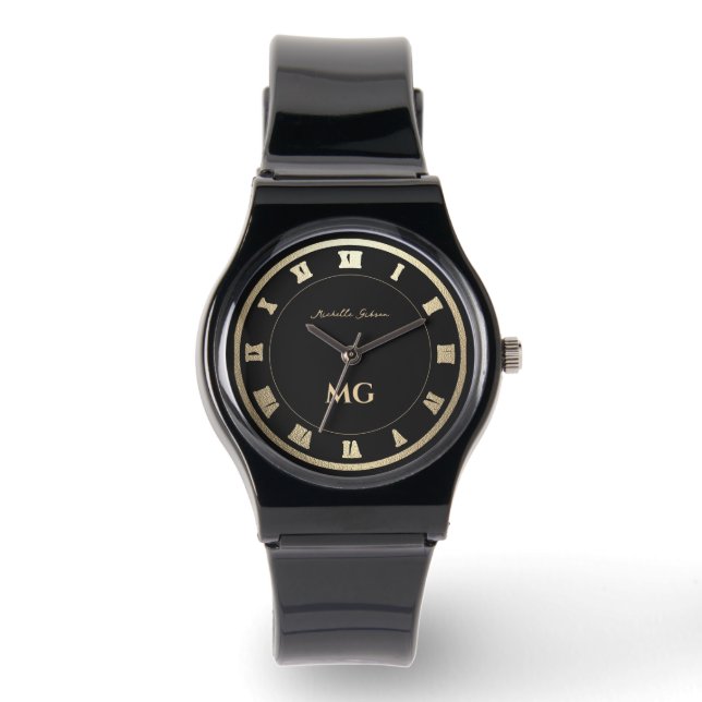 Elegante moderne Monogram Black Gold römische Zahl Armbanduhr (Vorderseite)