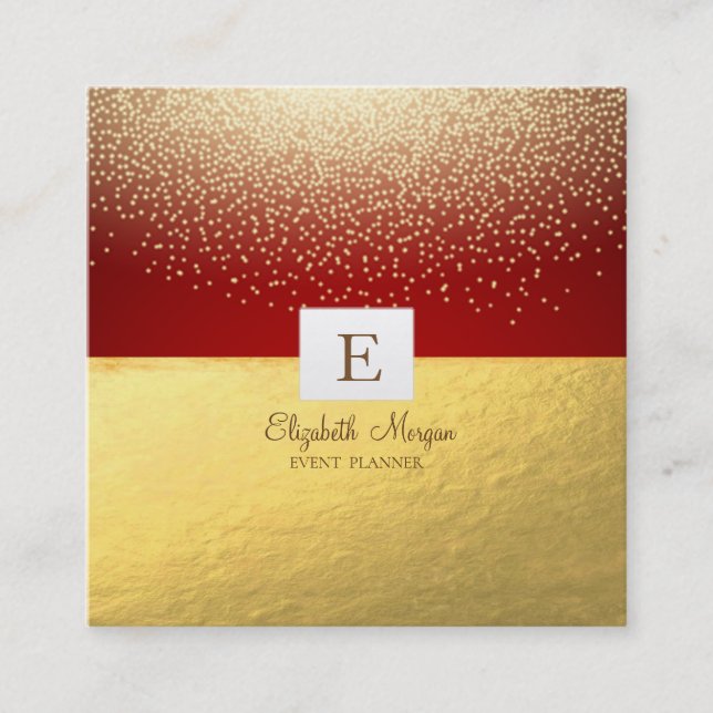 Elegante moderne Monogram Gold Confetti, Rot Quadratische Visitenkarte (Vorderseite)