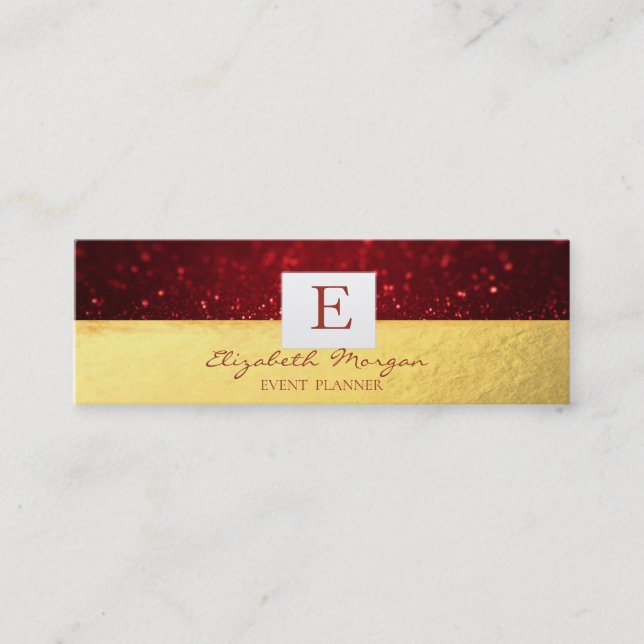 Elegante Moderne Monogram Gold, Red Glitzer Bokeh Mini Visitenkarte (Vorderseite)