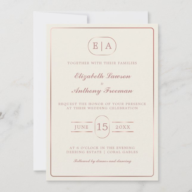 Elegante moderne Monogram Rose Gold Wedding Einladung (Vorderseite)