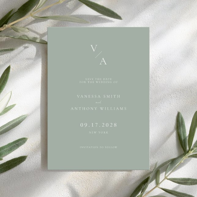 Elegante moderne Monogram Sage Green Wedding Save The Date (Von Creator hochgeladen)