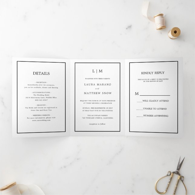 Elegante moderne Monogram Simple Wedding Dreifach Gefaltete Einladung (Innenseite)