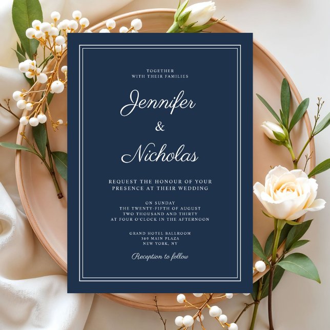 Elegante moderne Navy-Blau-Script-Hochzeit Einladung (Elegant Modern Navy Blue Script Wedding Invitation)