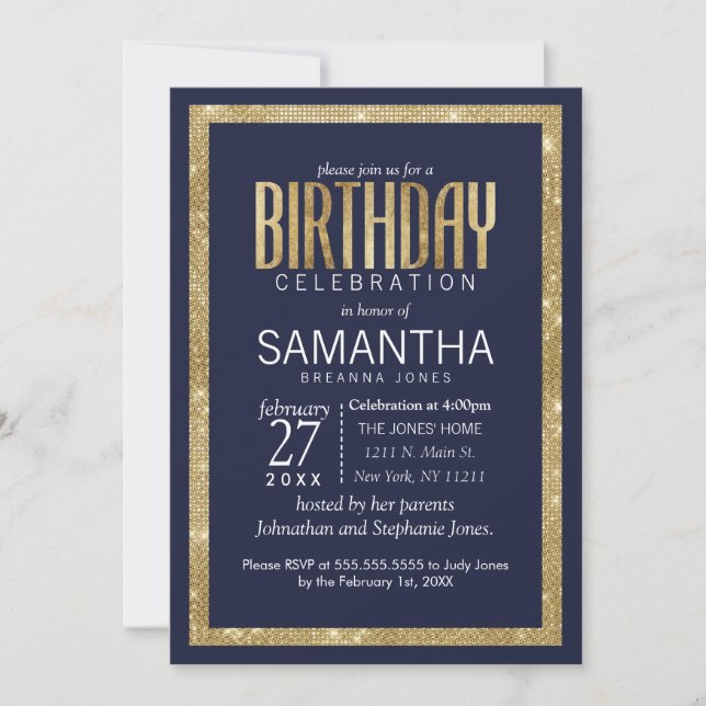 Elegante, moderne Navy Blue Gold Sequin Birthday Einladung (Vorderseite)