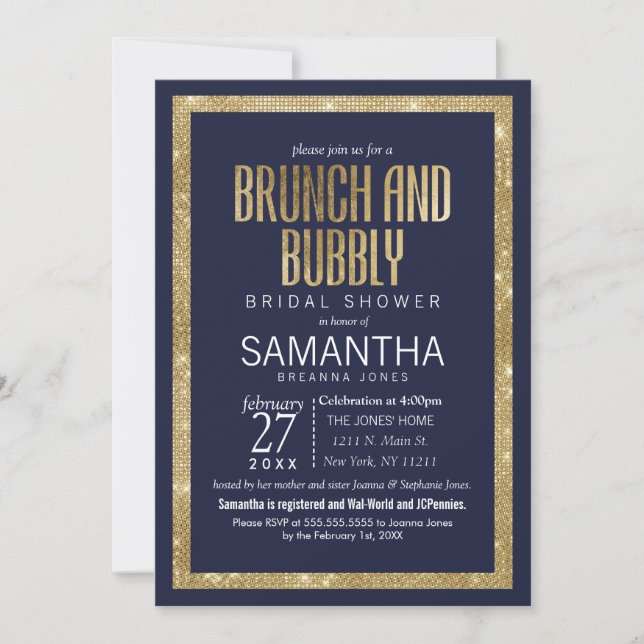 Elegante moderne Navy Blue Gold-Sequin Brunch Bubb Einladung (Vorderseite)