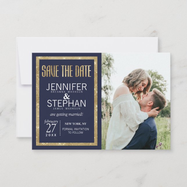 Elegante, moderne Navy Blue Gold Sequin Save the D Date (Vorderseite)