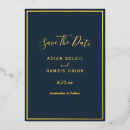 Elegante moderne Navy Gold Foil Save the Date Kart Folieneinladung