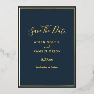 Elegante moderne Navy Gold Foil Save the Date Kart Folieneinladung
