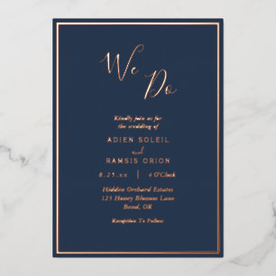 Elegante moderne Navy-Roségold-Wir heiraten-Hochze Folieneinladung