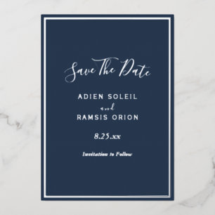 Elegante, moderne Navy Silver Foil Save the Date C Folieneinladung