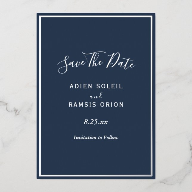 Elegante, moderne Navy Silver Foil Save the Date C Folieneinladung (Vorderseite)