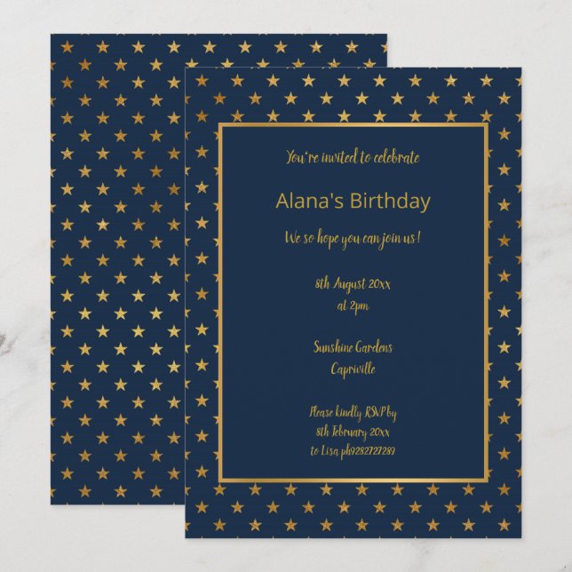 ELEGANTE MODERNE NAVY STAR GOLD INVITATION EINLADUNG (Vorne/Hinten)