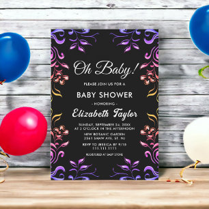 Elegante moderne Neon Rose Black Floral Baby Showe Einladung