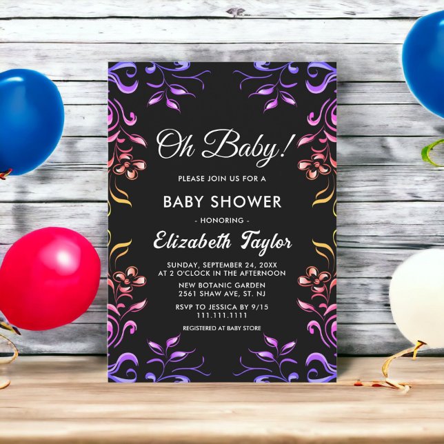 Elegante moderne Neon Rose Black Floral Baby Showe Einladung (Von Creator hochgeladen)