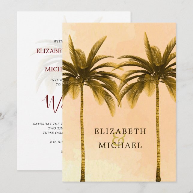 Elegante Moderne Orange Palm Tropical Wedding Einladung (Vorne/Hinten)