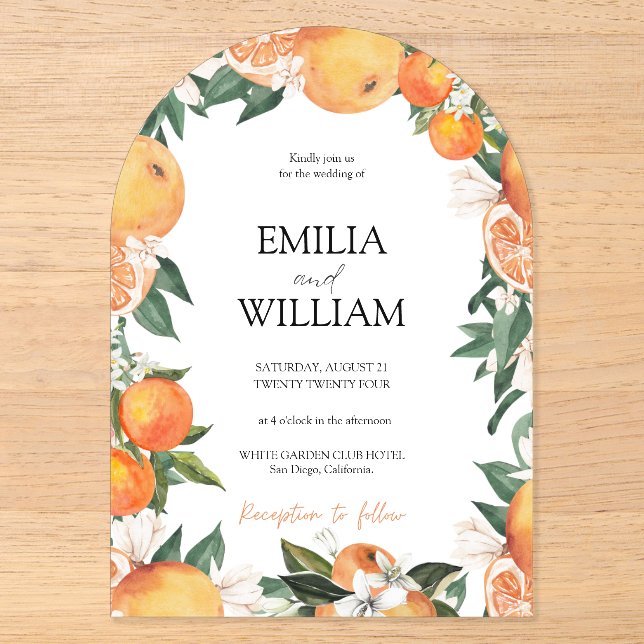 Elegante Moderne Orangen Citrus Hochzeitseinladung Acryleinladungen (Vorderseite)